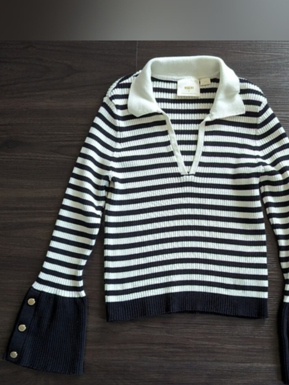 Anthropologie Maeve Stripe Bell Sleeve Polo Arlowe Sweater Size Large